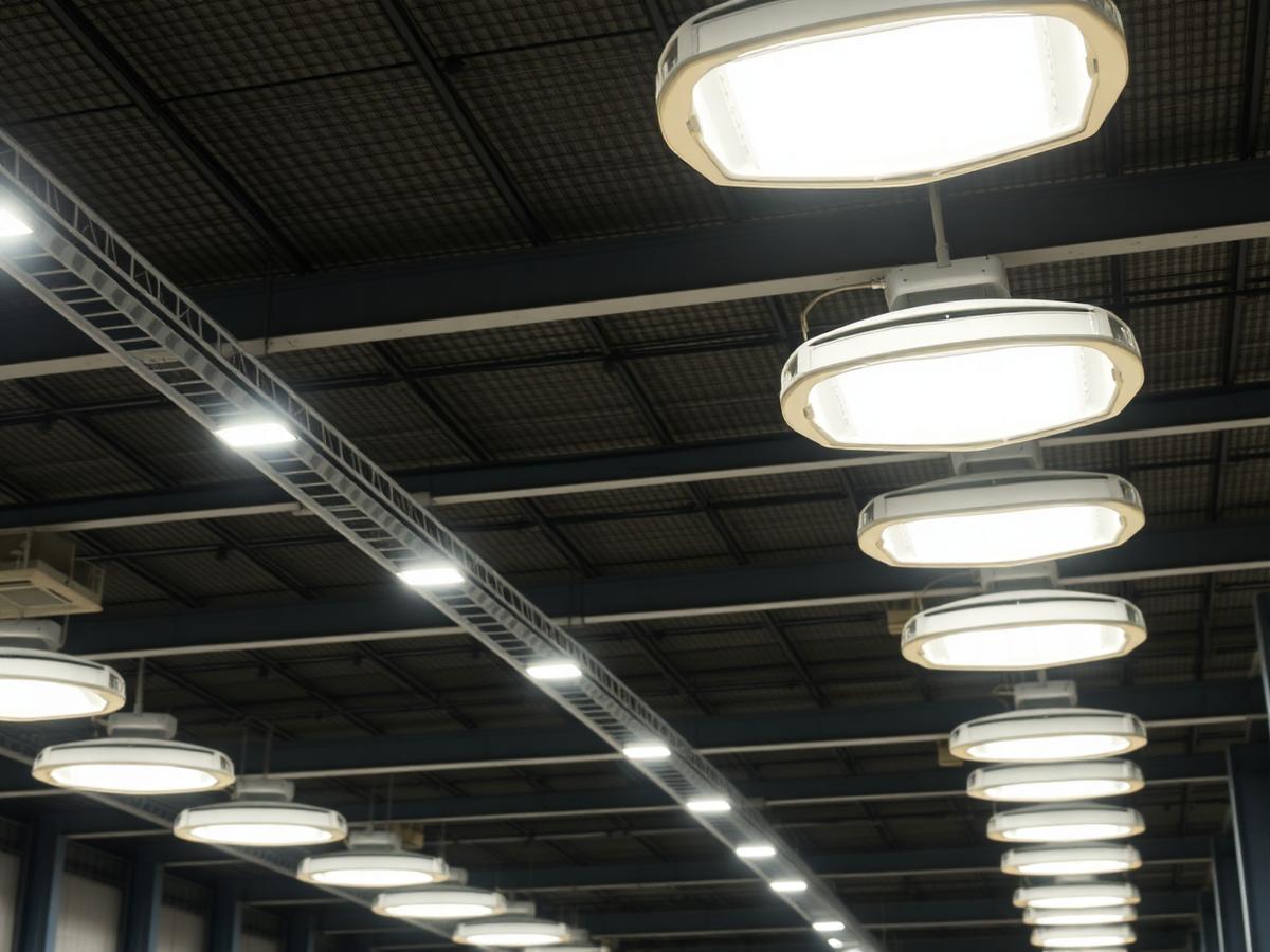 Industrial luminaires installed across a factory ceiling